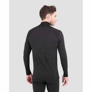 Man wearing a black long sleeve mock neck base layer shirt from the back