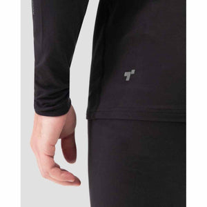 Close up of black long sleeve compression shirt with reflective logo