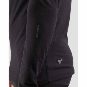 Close up of black Terramar long sleeve base layer showing brand logo on arm