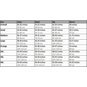 DSG Outerwear size chart showing chest waist hip and sleeve measurements in inches and centimeters