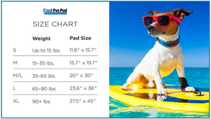 Cool Care Technologies Cool Pet Pad size chart showing weight ranges and dimensions for sizes small to extra large
