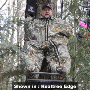 Hunter wearing a Heater Body Suit in Realtree Edge camouflage pattern in a tree stand
