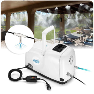 Patio misting system pump unit with hose connection and nozzle detail