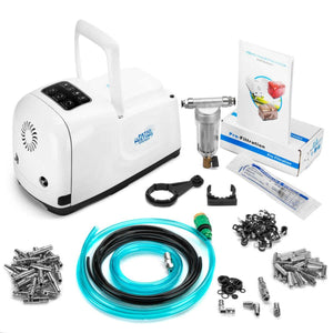 Patio misting system kit with pump unit, filtration components, tubing, nozzles, and user manual