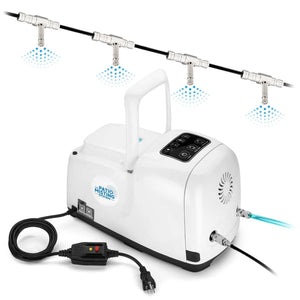 The Patio Misting System white pump unit with connected misting nozzles and power cord