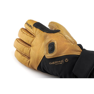 Therm-ic heated glove with tan leather and black fabric featuring a power button on the back of the hand