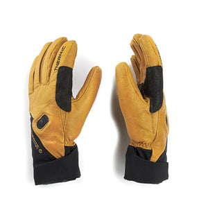Therm-ic tan leather heated gloves with black cuffs and power button