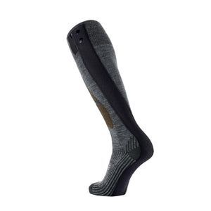 Grey knee high heated sock with black battery attachment and reinforced heel