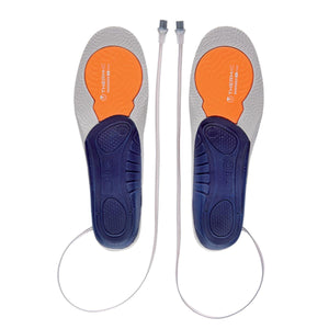Therm-ic heated insoles with grey and blue base and orange forefoot heating elements