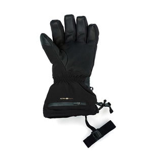 Black insulated winter glove with zippered pocket and wrist strap