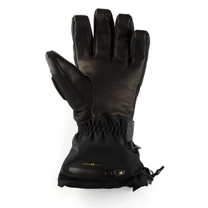 Black insulated winter glove with leather palm and zippered pocket on the cuff