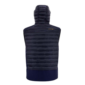 Back view of a navy blue hooded puffer vest with Powered Heat branding