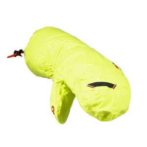 Neon yellow insulated mitten with black trim and orange logo