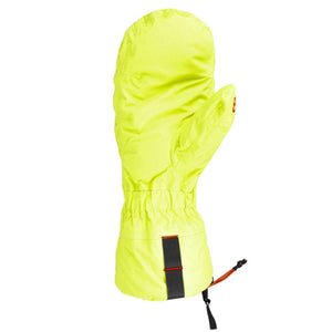 Neon yellow waterproof mitten with elastic wrist and adjustable drawcord