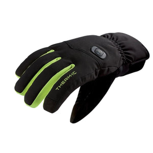 Therm-ic black and lime green heated glove with power button on the back of the hand