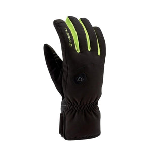 Therm-ic black heated glove with neon green finger accents and power button