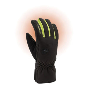 Therm-ic black heated glove with neon yellow accents and power button on back of hand