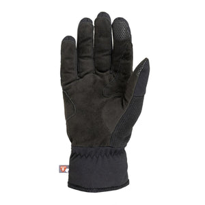 Black insulated glove with textured grip fingertips and Primaloft tag