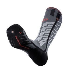 Grey and black heated ski performance sock with battery attachment points