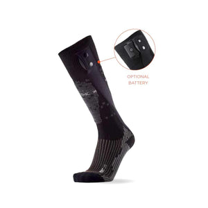 Black heated sock with a snap button attachment for an optional battery pack