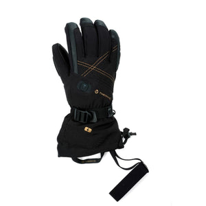 Thermic black heated ski glove with adjustable wrist strap and power button