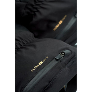 Black winter glove with a zippered pocket and Ultra Warm gold text branding