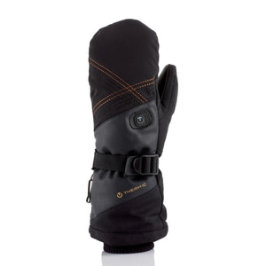 Therm-ic black heated mitten with orange stitching and power button
