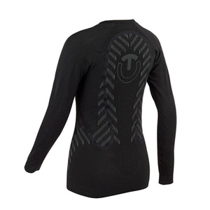 Black long sleeve compression shirt with textured back panel and logo