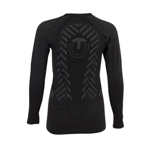 Back view of black Therm-ic long sleeve base layer with textured pattern and logo