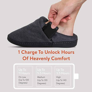 Hand inserting battery into grey heated slipper with battery life and temperature settings chart