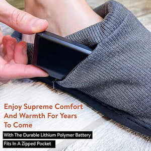 Hand inserting a black lithium polymer battery into a zippered pocket on a grey knit heated sock