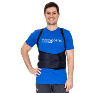 Man wearing a black ThermApparel cooling vest over a blue t-shirt