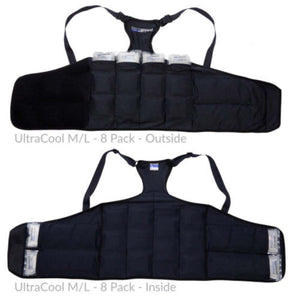 ThermApparel UltraCool cooling vest with eight cooling packs shown from outside and inside views