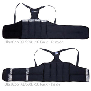 ThermApparel UltraCool cooling vest with ten cooling packs shown from outside and inside views