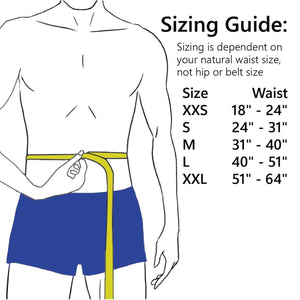 ThermApparel sizing guide showing how to measure natural waist size with a tape measure and corresponding size chart