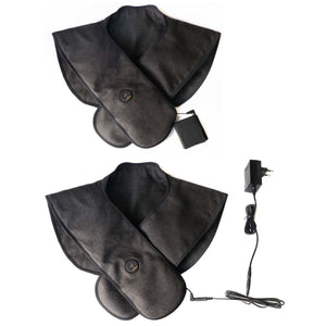 Two black heated neck wraps with power buttons and charging cables