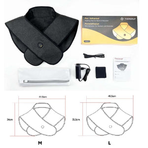 Thermrup far infrared neck and shoulder heating pad with power adapter and size dimension diagrams