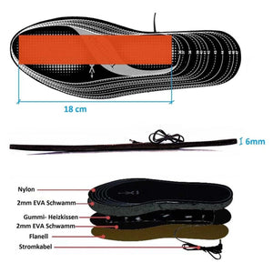 Diagram showing dimensions and material layers of a heated shoe insole with nylon EVA foam and heating element
