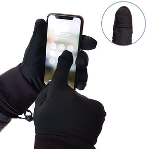 Black touchscreen gloves being used on a smartphone with a close up of the fingertip material