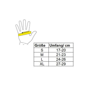 Thermrup glove size chart showing hand circumference measurements in centimeters for sizes S to XL