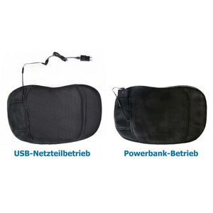 Black heated lumbar cushion shown with USB wall adapter and power bank connection options