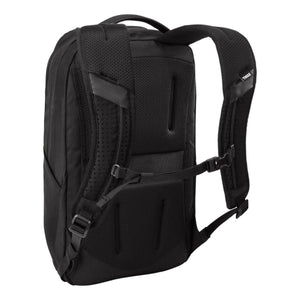 Back view of black Thule backpack showing padded shoulder straps and mesh back panel