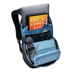 Open black backpack with laptop tablet and internal mesh pockets for accessories