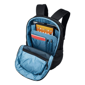 Open Thule backpack showing blue interior with tablet sleeve and organizer pockets