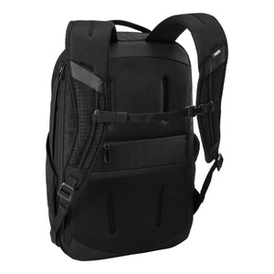 Back view of black Thule backpack showing padded mesh straps and back panel