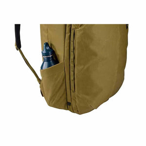 Thule backpack side pocket with blue water bottle