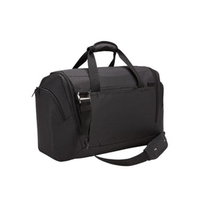 Black Thule duffel bag with top handles and adjustable shoulder strap