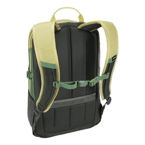 Back view of a Thule backpack with yellow and green straps and a black mesh back panel