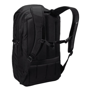 Back view of black Thule backpack showing padded shoulder straps and back panel