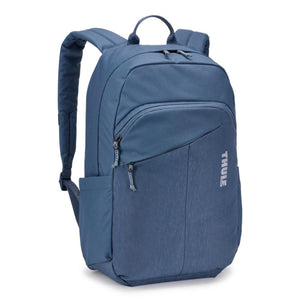 Blue Thule backpack with front zippered pocket and side water bottle sleeve